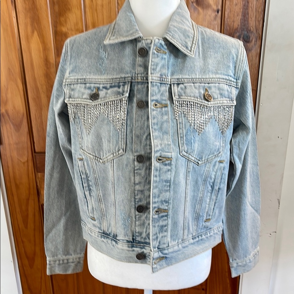 saltwater LUXE Light Wash Denim Jean Jacket with Rhinestone Fringe